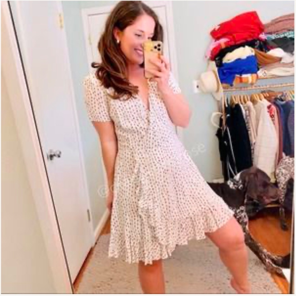 La Ligne White Stripes Star Print Wrap Front Ruffle Short Sleeve Mini Dress